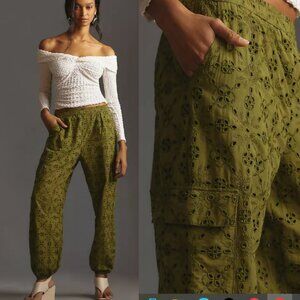Anthropologie Broderie Anglaise Cargo Joggers Green Size XL 26648